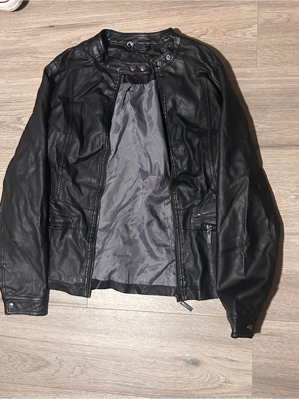 Jou Jou Black Faux Leather Bomber Jacket with Snap Collar